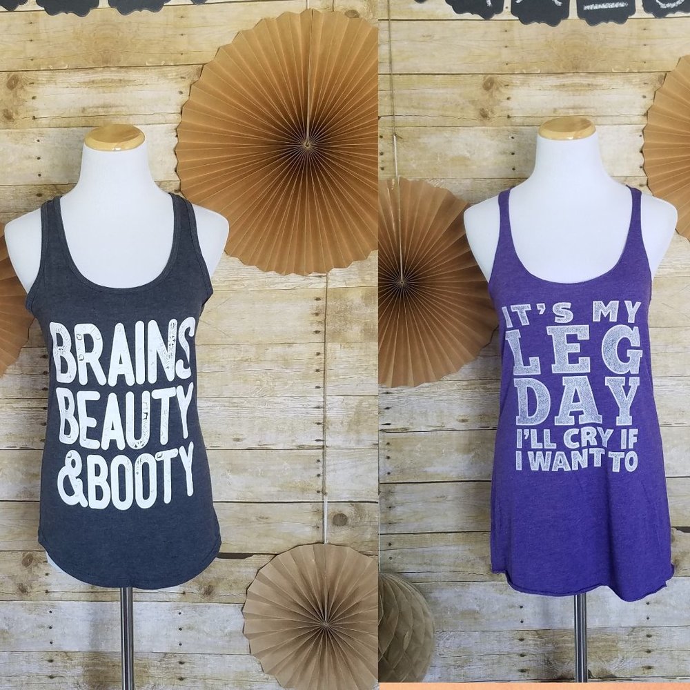 2 PC FUNNY WORKOUT TOP GYM RACER BACK TANK BUNDLE